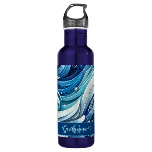 Personalized Dreamy Blue and Frosty Winter Swirls Stainless Steel Water Bottle