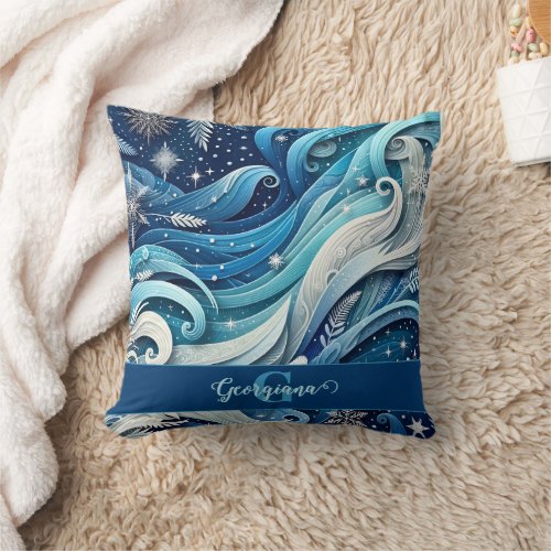 Personalized Dreamy Blue and Frosty Winter Swirls Throw Pillow