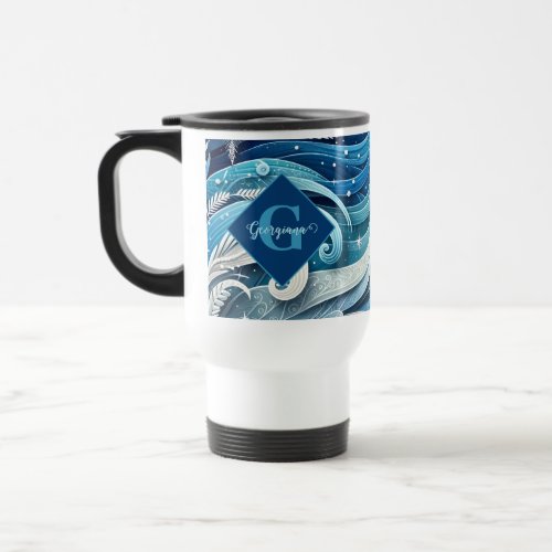 Personalized Dreamy Blue and Frosty Winter Swirls Travel Mug