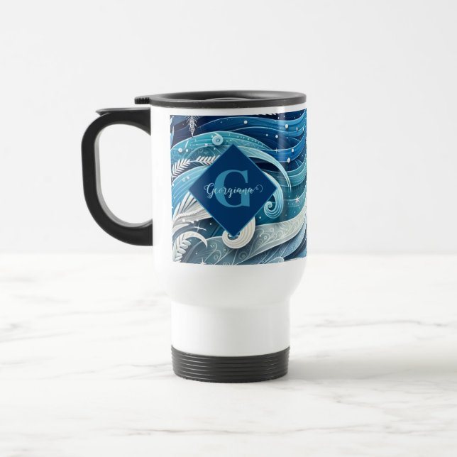 Personalized Dreamy Blue and Frosty Winter Swirls Travel Mug (Left)