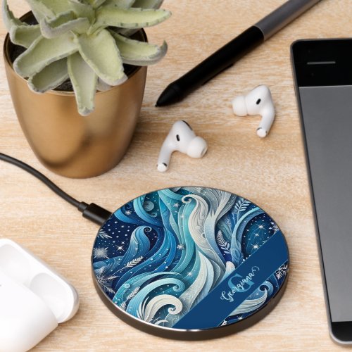 Personalized Dreamy Blue and Frosty Winter Swirls Wireless Charger