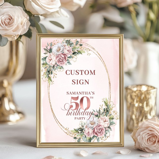 Personalized Dreamy Blush Floral 50 Birthday 8x10 Poster (Personalized Dreamy Blush Floral 50th Birthday 8x10 Sign)
