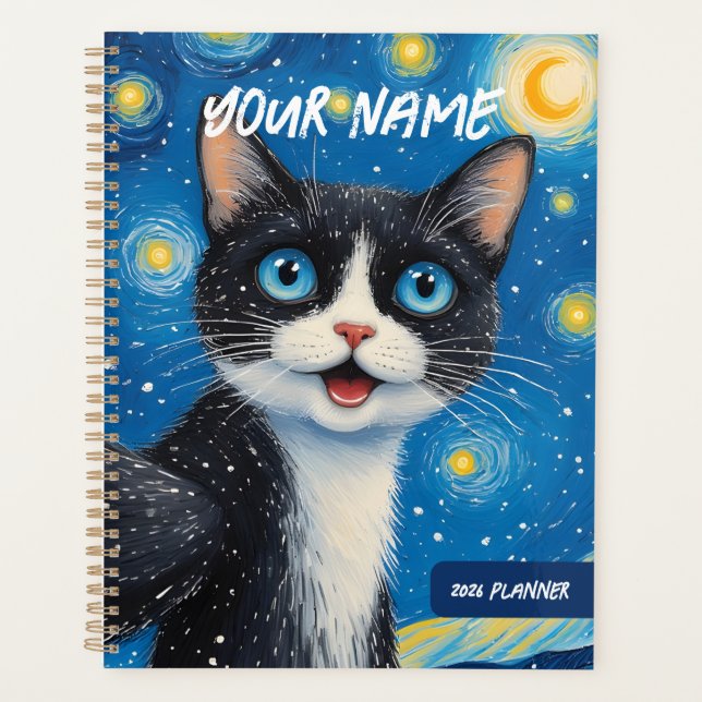 Personalized Dreamy Moon Cat Starry Night Planner (Front)