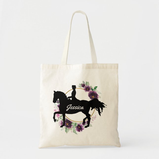 Personalized Dressage Horse Riding Floral Name Tote Bag (Front)