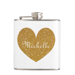 Personalized drink flask with gold glitter heart
