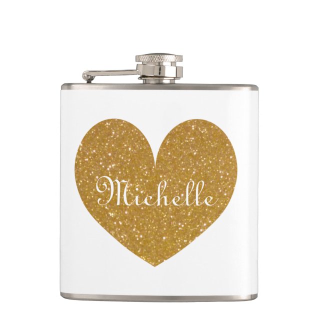 Personalized drink flask with gold glitter heart (Front)