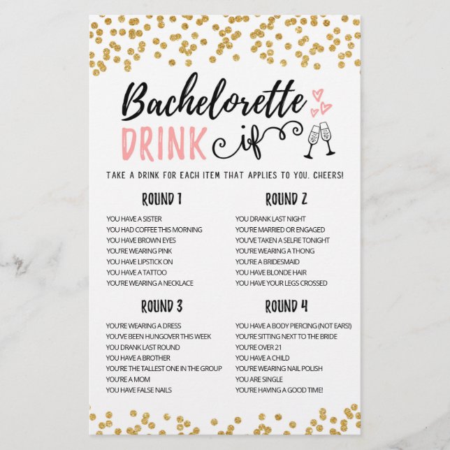 Personalized DRINK IF Bachelorette, Hen Party game (Front)