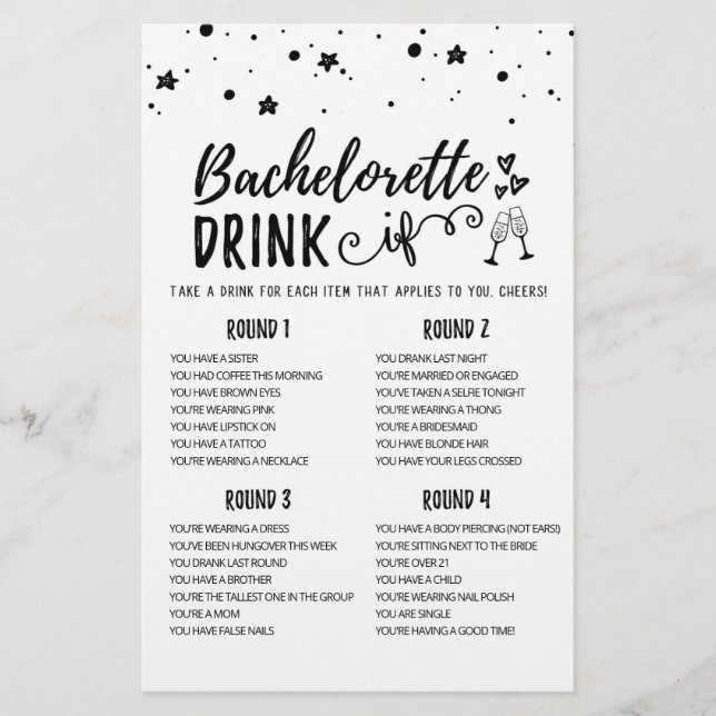 Personalized DRINK IF Bachelorette, Hen Party game (Front)