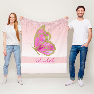 Personalized Dripping Glitter Pink Butterfly Fleece Blanket