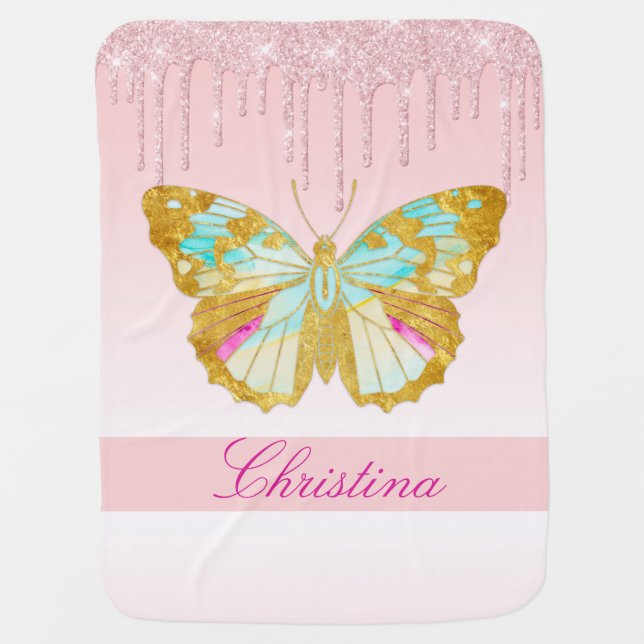 Personalized Dripping Glitter Pink Teal Butterfly Baby Blanket (Front)