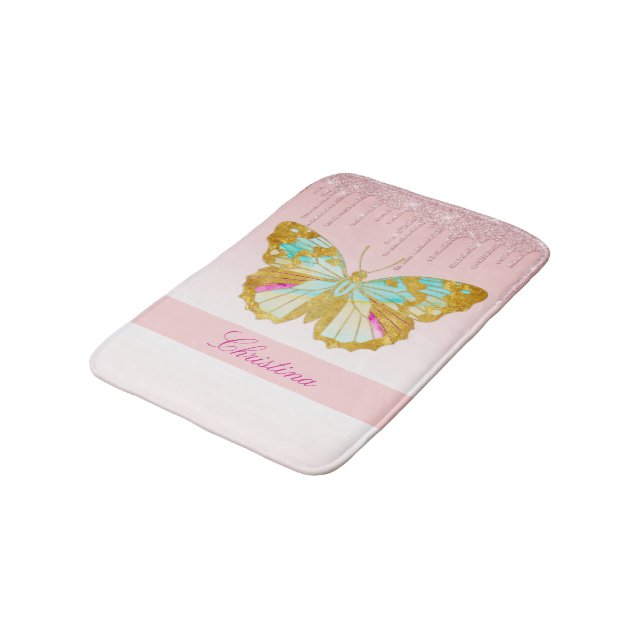 Personalized Dripping Glitter Pink Teal Butterfly Bath Mat (Angled)