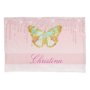 Personalized Dripping Glitter Pink Teal Butterfly Pillow Case