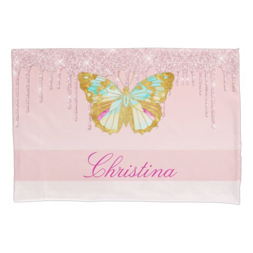 Personalized Dripping Glitter Pink Teal Butterfly Pillow Case