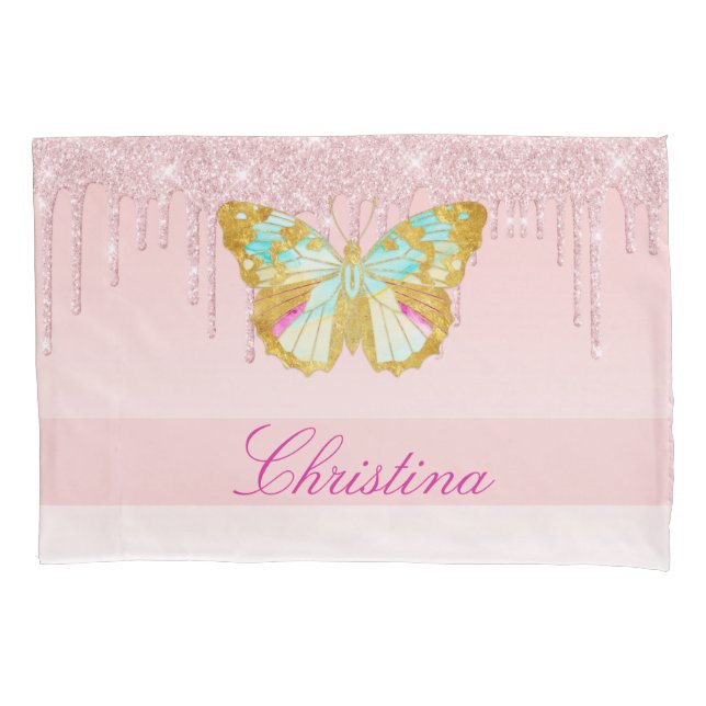 Personalized Dripping Glitter Pink Teal Butterfly Pillow Case (Front)