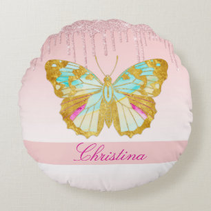 Personalized Dripping Glitter Pink Teal Butterfly Round Pillow