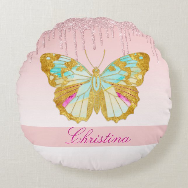 Personalized Dripping Glitter Pink Teal Butterfly Round Pillow (Front)