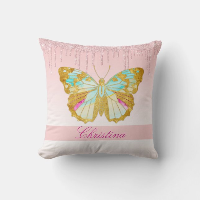 Personalized Dripping Glitter Pink Teal Butterfly Throw Pillow (Front)
