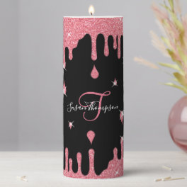 Personalized Dripping Pink Glitter Effect Sparkle Pillar Candle