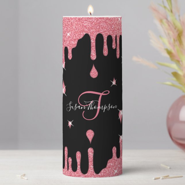 Personalized Dripping Pink Glitter Effect Sparkle  Pillar Candle (In Situ)