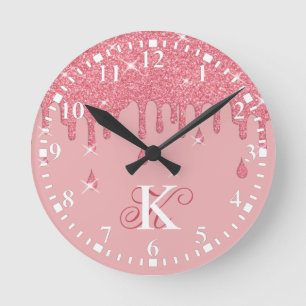 Personalized Dripping Pink Glitter Effect Sparkles Round Clock