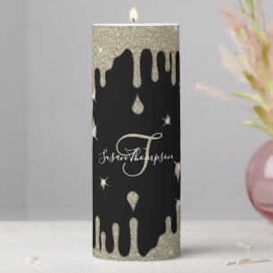 Personalized Drips Silver Glitter Effect Sparkle Pillar Candle