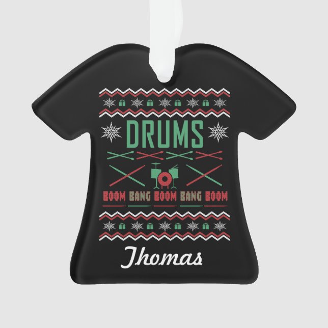 Personalized Drums Ugly Christmas Sweater Ornament (Front)