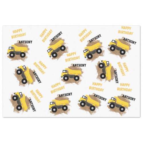 Personalized Dump Truck Construction Mud Boys Name Tissue Paper