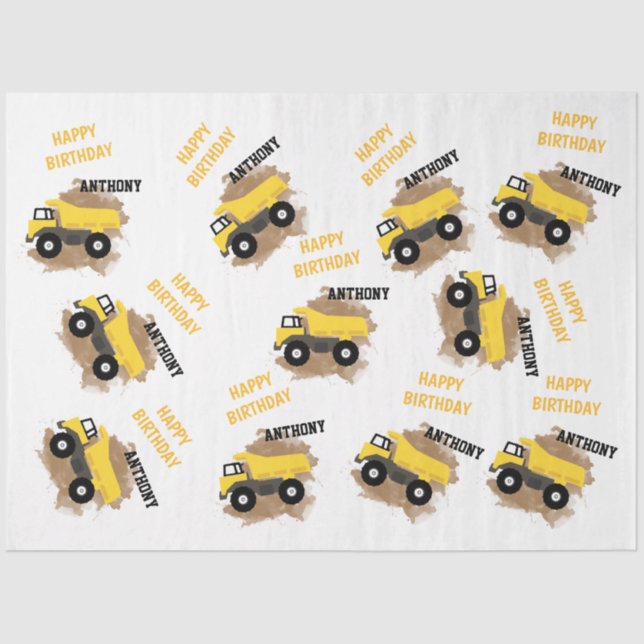 Personalized Dump Truck Construction Mud Boys Name Tissue Paper (Front)