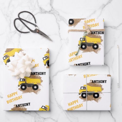 Personalized Dump Truck Construction Mud Boys Name Wrapping Paper Sheets