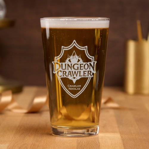 Personalized Dungeon Crawler Shield Logo Pint Glass