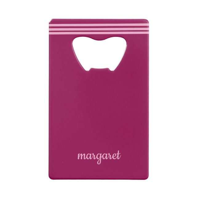 Personalized Dusky Maroon w/ Pink Stripes Credit Card Bottle Opener (Front)