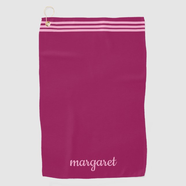 Personalized Dusky Maroon w/ Pink Stripes Golf Towel (Front)