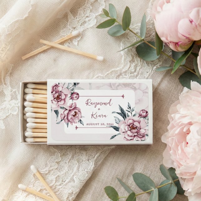 Personalized Dusky Pink Peony Wedding Favor  Matchboxes (elegant dusty pink peony personalized wedding favor matchboxes)