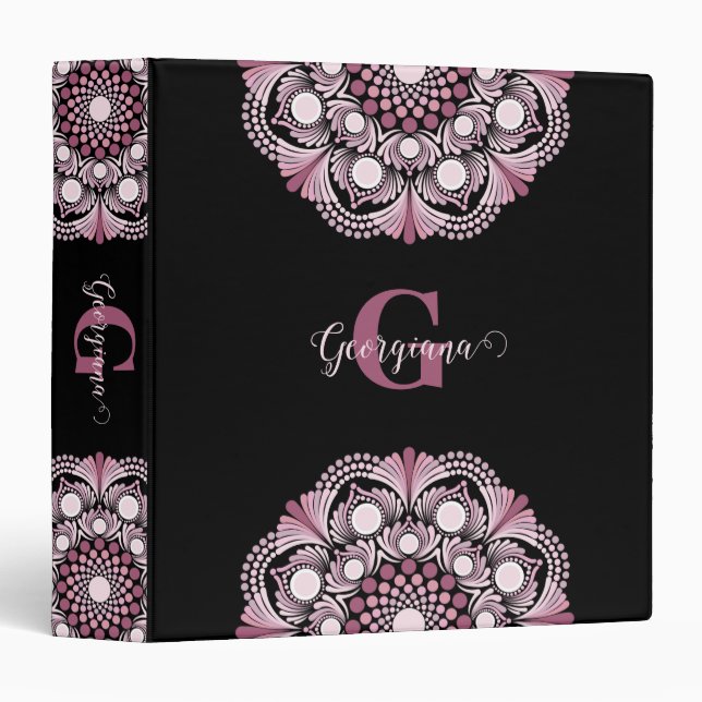 Personalized Dusky Rose Boho Floral Dot Mandala 3 Ring Binder (Front/Spine)