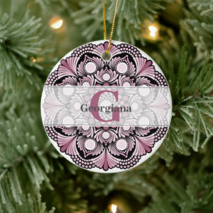 Personalized Dusky Rose Boho Floral Dot Mandala Ceramic Ornament