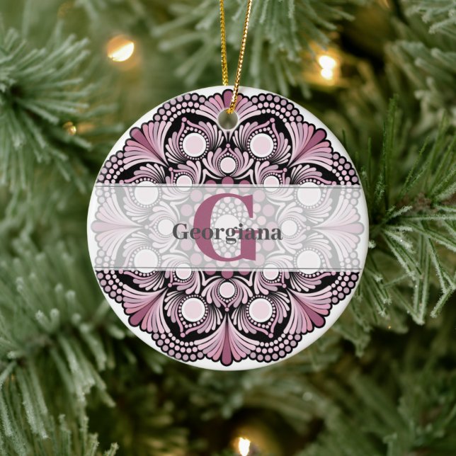 Personalized Dusky Rose Boho Floral Dot Mandala Ceramic Ornament (Tree)