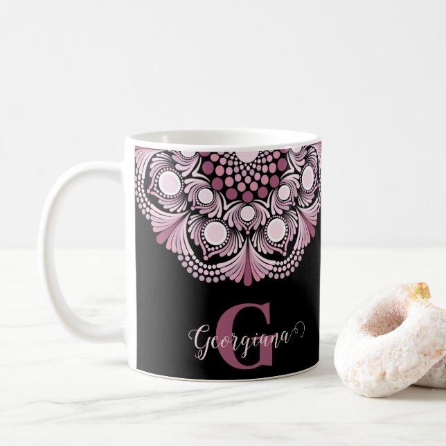 Personalized Dusky Rose Boho Floral Dot Mandala Coffee Mug (With Donut)