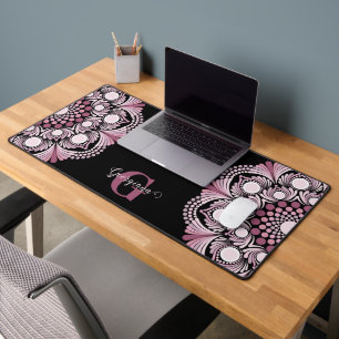 Personalized Dusky Rose Boho Floral Dot Mandala Desk Mat