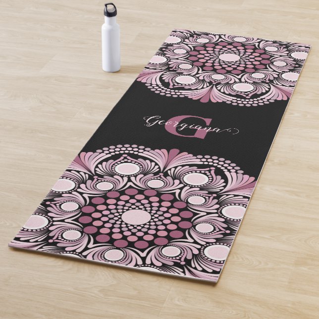 Personalized Dusky Rose Boho Floral Dot Mandala Yoga Mat (In Situ)