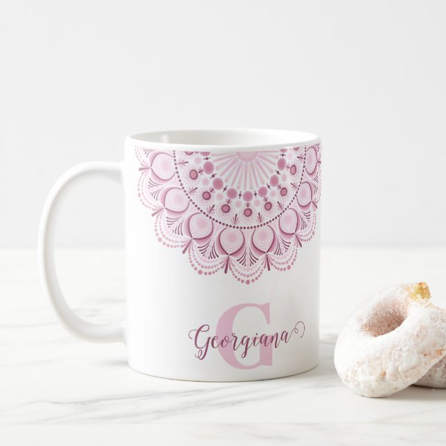 Personalized Dusky Rose Confetti Lace Dot Mandala Coffee Mug (With Donut)
