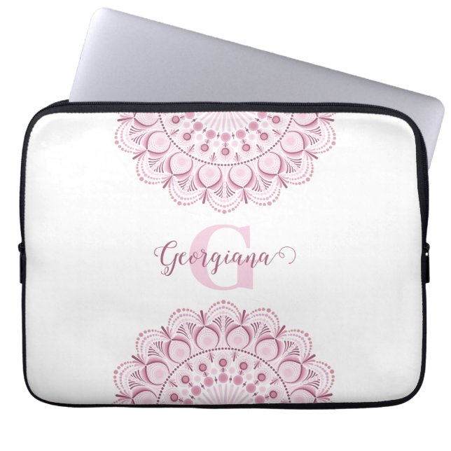 Personalized Dusky Rose Confetti Lace Dot Mandala Laptop Sleeve (Front)