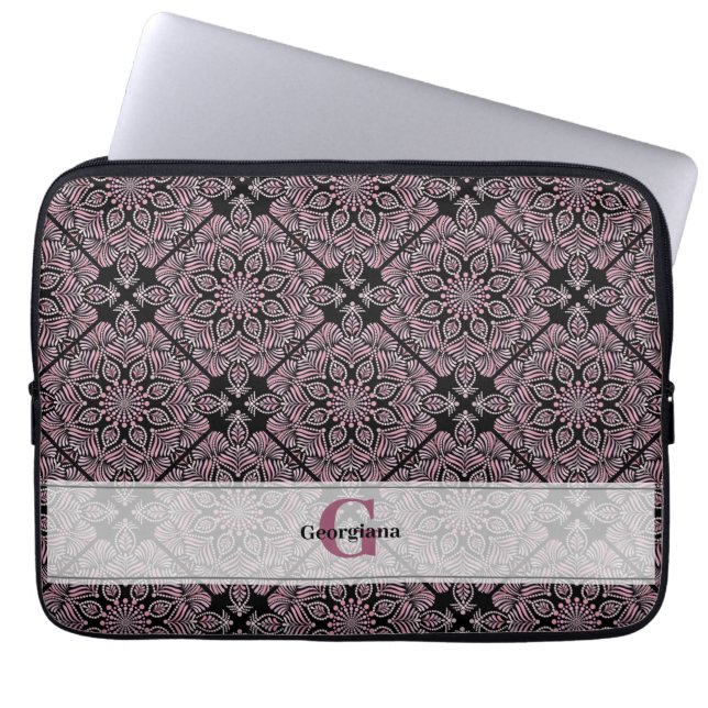 Personalized Dusky Rose Floral Fronds Mandala Tile Laptop Sleeve (Front)