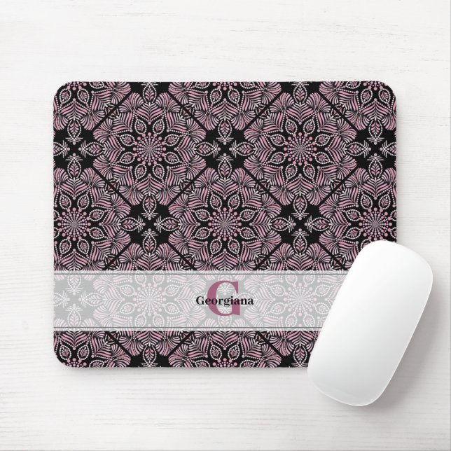 Personalized Dusky Rose Floral Fronds Mandala Tile Mouse Pad (With Mouse)