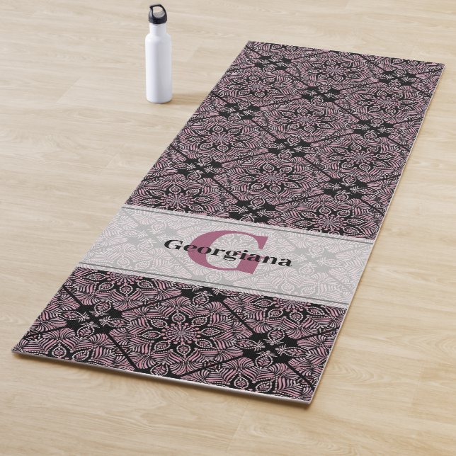 Personalized Dusky Rose Floral Fronds Mandala Tile Yoga Mat (In Situ)