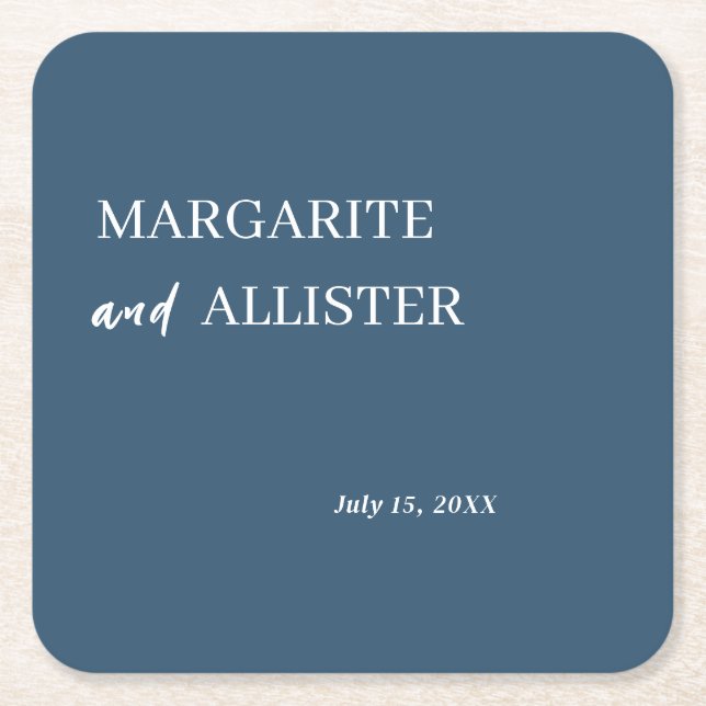 Personalized Dusly Blue Square Wedding Paper Coaster (Front)