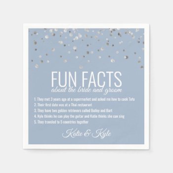 Personalized Dust Blue Silver Confetti Fun Facts Napkins by UniqueWeddingShop at Zazzle