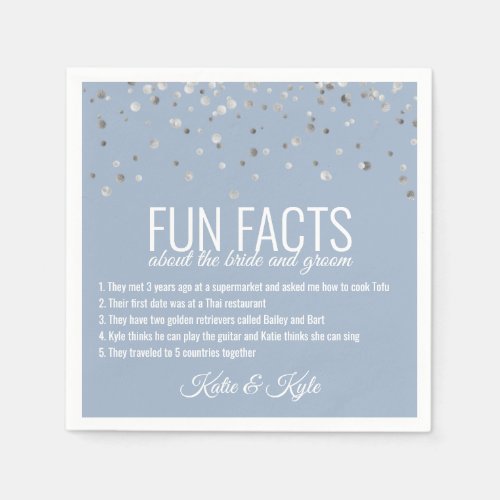 Personalized DUST BLUE Silver Confetti FUN FACTS Napkins