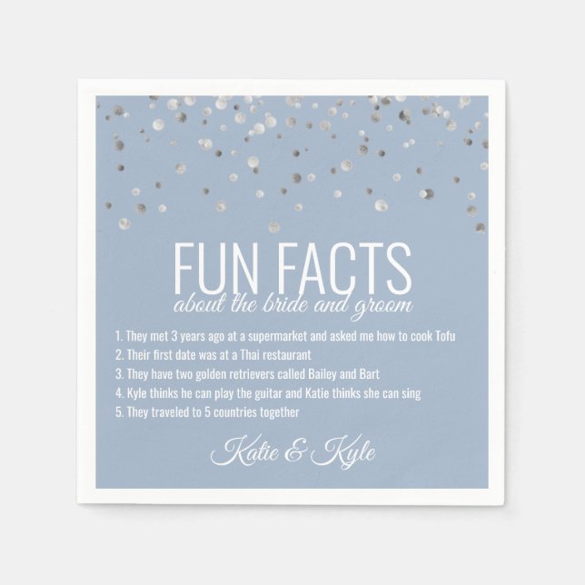 Personalized DUST BLUE Silver Confetti FUN FACTS Napkins (Front)