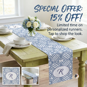 Personalized Dusty Blue and White Elegant Damask M Medium Table Runner