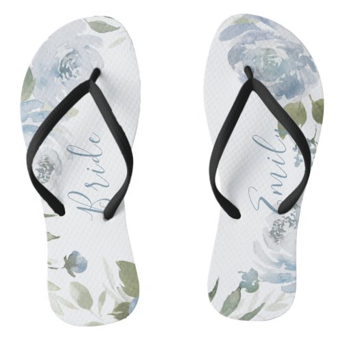 Personalized dusty blue botanical floral bride flip flops